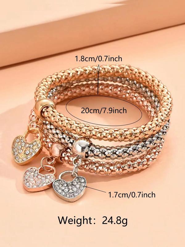 Women's Heart & Rhinestone Decor Bracelet, 3pcs Elegant Matching Jewelry for Girls As Gift, Female Classic Fashion All-match Accessories for Daily Wear