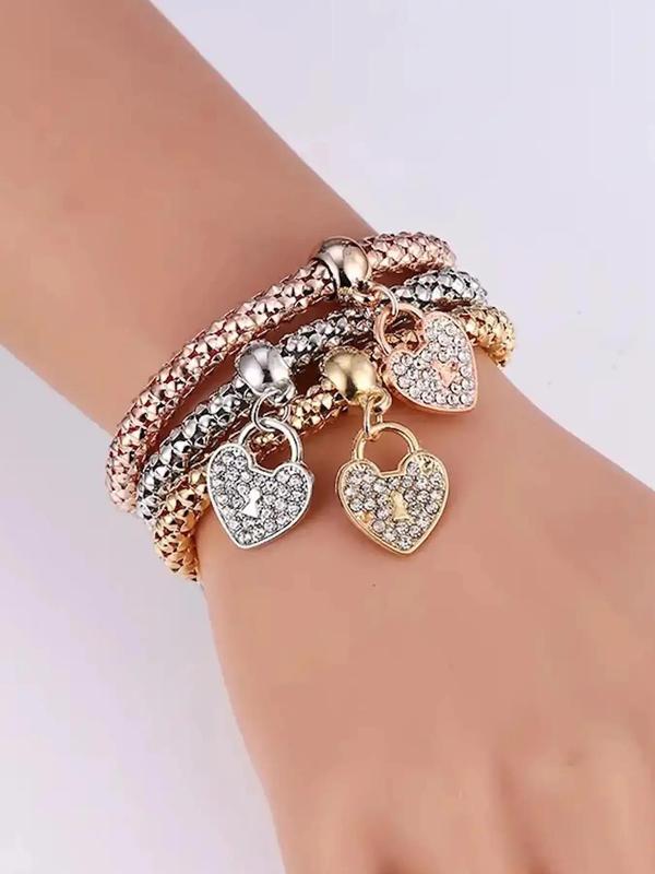 Women's Heart & Rhinestone Decor Bracelet, 3pcs Elegant Matching Jewelry for Girls As Gift, Female Classic Fashion All-match Accessories for Daily Wear