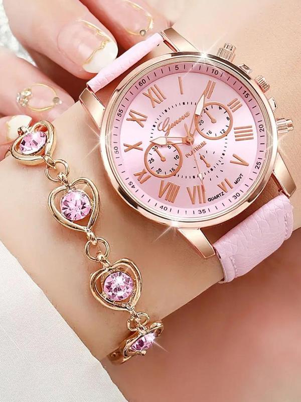 Women's Elegant Round Dial Quartz Watch & Rhinestone Decor Jewelry Set, without Box, Fashion Watch Set for Party Decor, Trendy Exquisite Watch Set for Birthday Gift