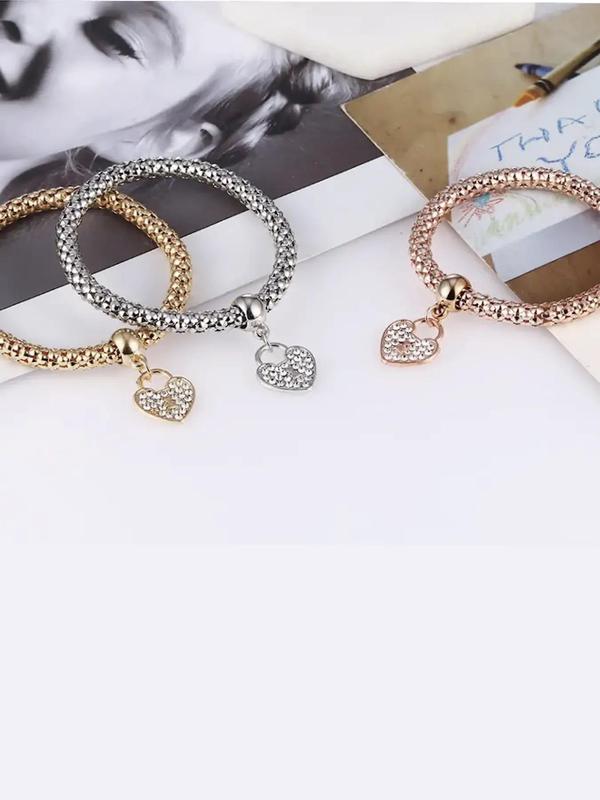 Women's Heart & Rhinestone Decor Bracelet, 3pcs Elegant Matching Jewelry for Girls As Gift, Female Classic Fashion All-match Accessories for Daily Wear