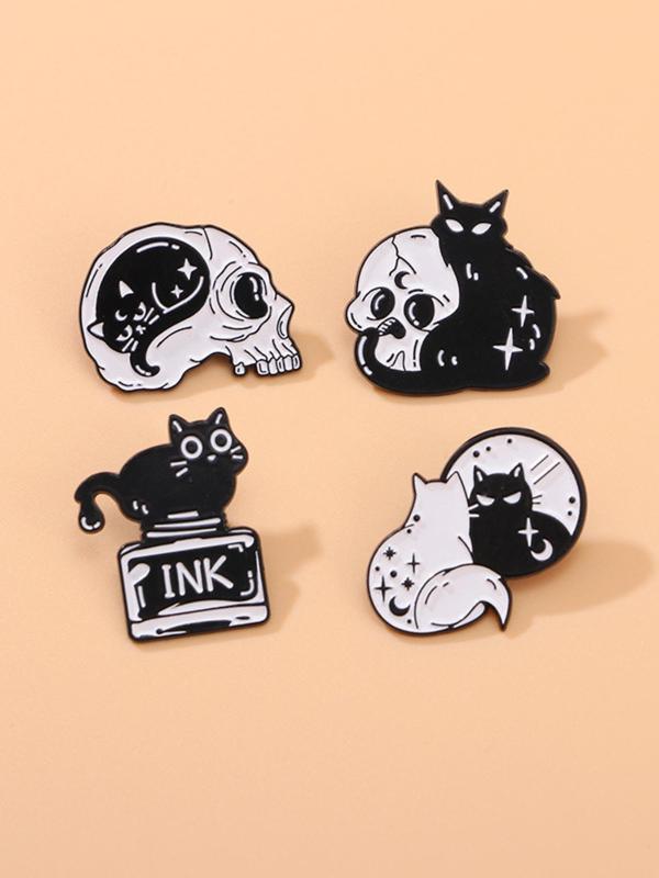 Cute Cartoon Animal & Skull Design Brooch, 4 Counts Fashion Alloy Accessories for Women & Men, Trendy Accessories for Party and Daily Life