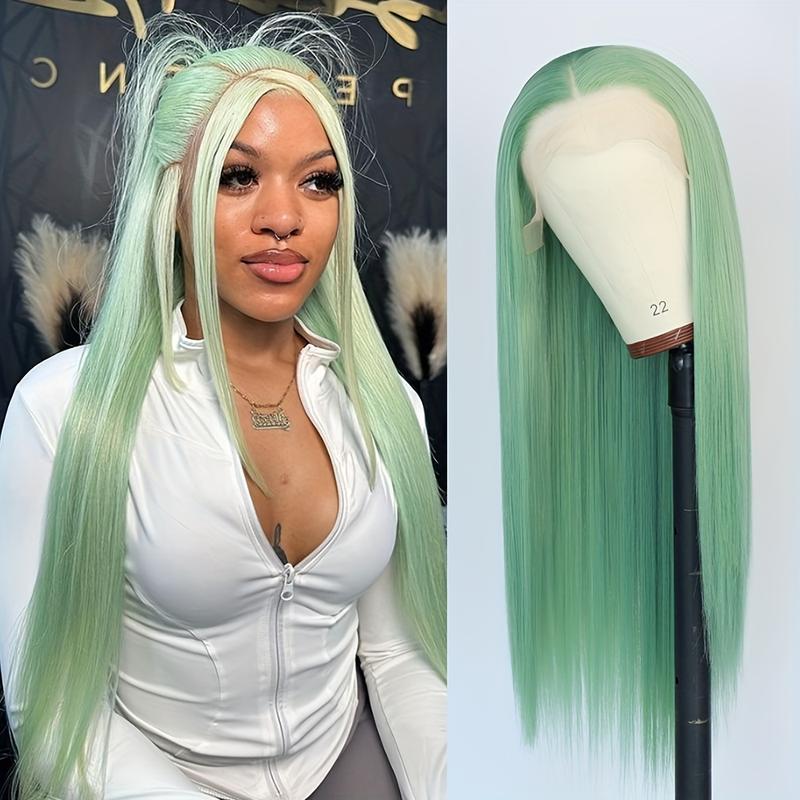 13x4 Mint Green Lace Front Wig 180 Density  Heat Resistant Fiber  for Women Light  Daily Use 28 Inch Party Halloween and Christmas Use