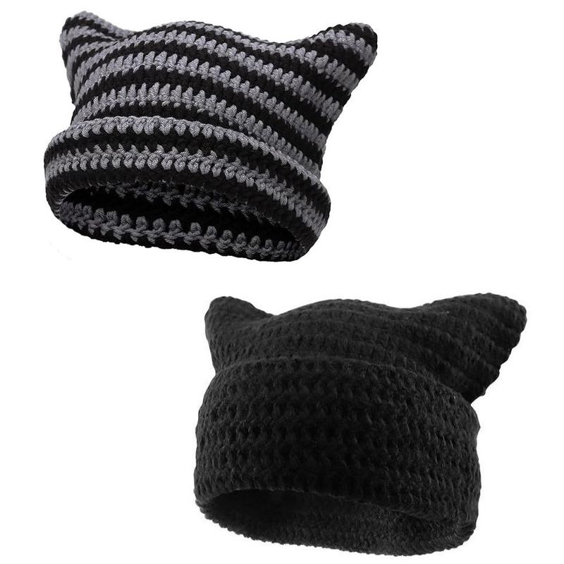 2 PACK Cat Ear Beanie for Women Men Crochet Hat Knitted Hat Cute Hat with Ears Cat Beanie Y2k Winter Hat Slouchy Beanie