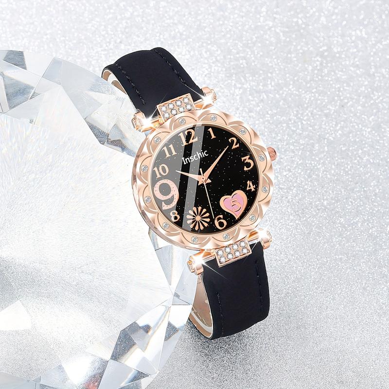 2pcs Elegant Set: Sparkling Heart-Shaped Quartz Watch with Durable Faux Leather Band - Wrist Watches for Women, Perfect Valentine's Day Gift, Romantic Jewelry Accessory with Matching Heart-Shaped Bracelet