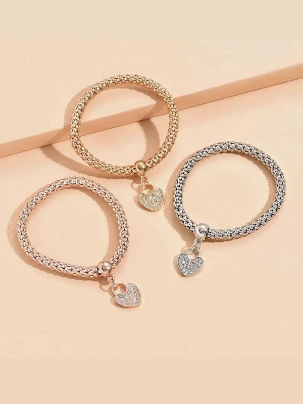 Women's Heart & Rhinestone Decor Bracelet, 3pcs Elegant Matching Jewelry for Girls As Gift, Female Classic Fashion All-match Accessories for Daily Wear