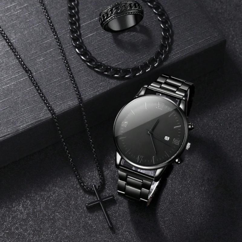 Fashionable 4pcs Men's Quartz Watch Set With Calendar Function - Non-Waterproof Black Zinc Alloy Case & Bracelet, Round Dial, Electronic Drive & Pointer Display, Including Cross Pendant Necklace & Ring Ideal Birthday Gift For Him (No Box)