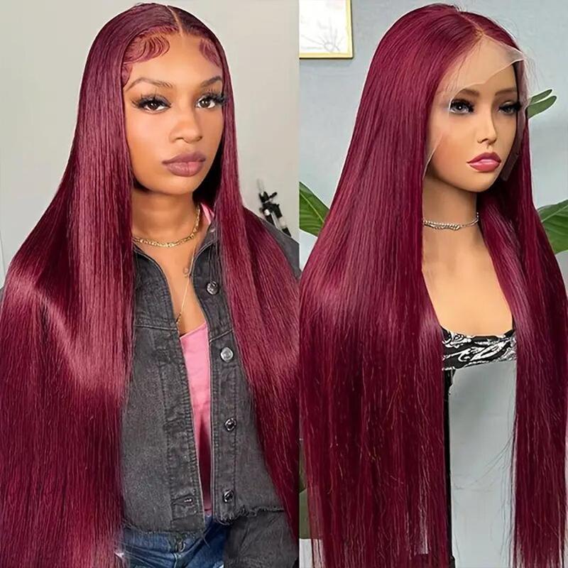 99j Burgundy Colored Lace Front Wig 200% Density 13X6 HD Lace Frontal Human Hair Wigs For Woman  Red Colored 13x4 Straight Lace Front Wig Pre Plucked