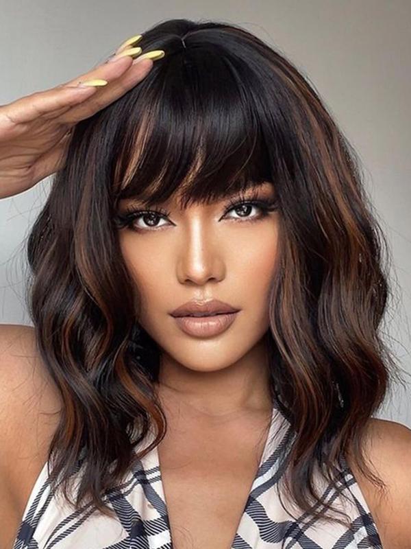 14 Inch Short Wavy Bob Color Wig with Bangs, Natural Fluffy Wigs for Women & Girls, Heat Resistant Synthetic Wigs for Party, Daily Hairstyle Ideas