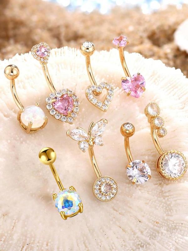 Heart & Butterfly & Rhinestone Decor Belly Ring, 2024 New Style Stainless Steel Navel Piercing Jewelry, Hypoallergenic Cute Butterfly Belly Button Rings for Women