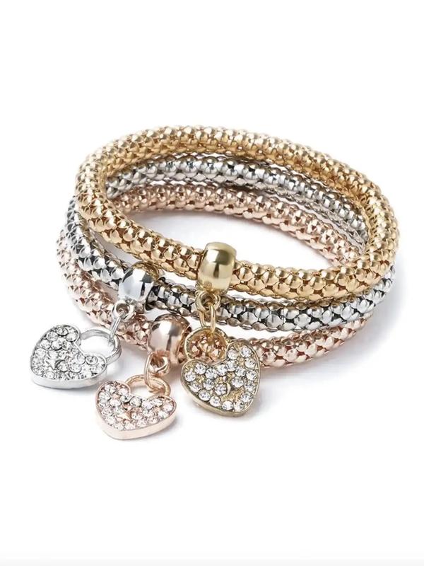 Women's Heart & Rhinestone Decor Bracelet, 3pcs Elegant Matching Jewelry for Girls As Gift, Female Classic Fashion All-match Accessories for Daily Wear