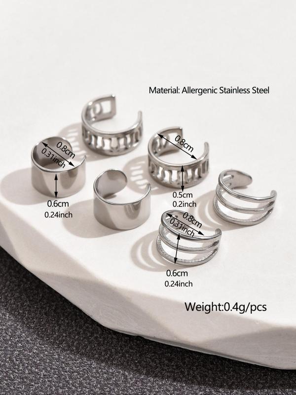 6pcs set Simple Multi-layer Hollow out C-type Earrings,  Stainless Steel Non Pierced Ear Bone Clip, Elegant All-match Fashion Accessories for Daily Wear