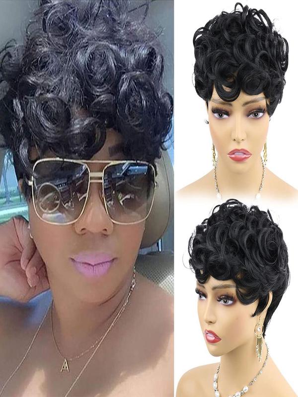 Women's Natural Black Short Pixie Cut Wigs with Bangs, Striking Layered Curly Synthetic Wigs for Party, Daily Use, Anime Cosplay Hairstyle Idea