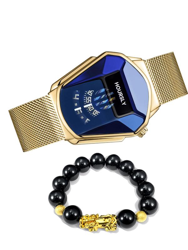 Men's Business Quartz Watch & Beaded Bracelet Set, Fashion Watch Set for Party, Daily Decor, Trendy All-match Watch Set for Birthday Gifts for Men without Box