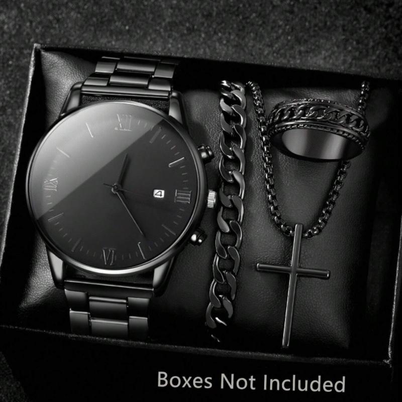 Fashionable 4pcs Men's Quartz Watch Set With Calendar Function - Non-Waterproof Black Zinc Alloy Case & Bracelet, Round Dial, Electronic Drive & Pointer Display, Including Cross Pendant Necklace & Ring Ideal Birthday Gift For Him (No Box)