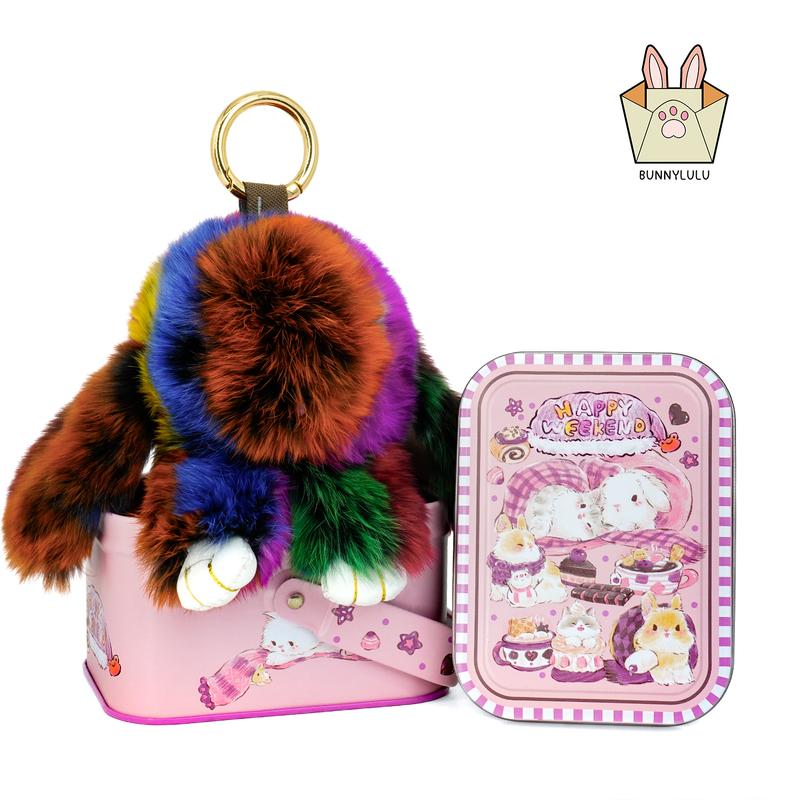 101 Mini Bunny Handmade Soft PomPom Keychain with Tin Box, Cute Plush Pendatn for Phone Bag Car, Fashion Accessories,  Holiday Gifts