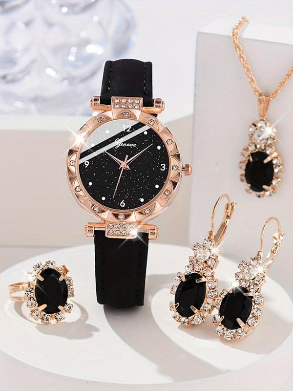 Women's Elegant Fashion Watch & Jewelry Set, Including Round Dial Analog Quartz Watch & Artificial Crystal Decor Pendant Necklace & Ring & Dangle Earrings, without Box