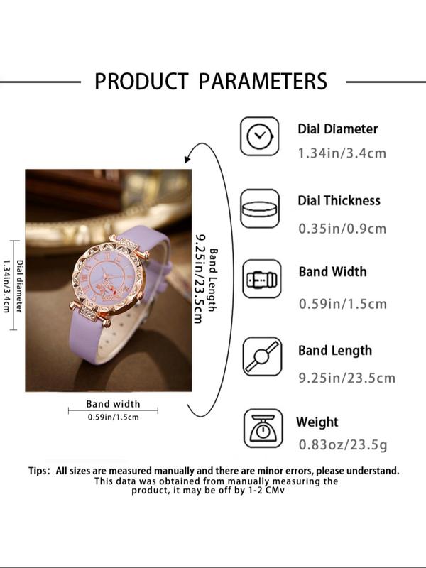 Women's Elegant Rhinestone Decor Quartz Watch & Jewelry Set, Including Round Dial Wristwatch & Maple Leaf Design Necklace & Ring & Earrings, Fashion Watch Set for Women As Gift, without Box