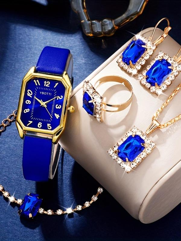 Women's Elegant Rhinestone Decor Quartz Watch & Jewelry Set, Including Round Dial Analog Watch & Ring & Earrings & Necklace & Bracelet, Fashion Watch Set for Party, Daily Decor