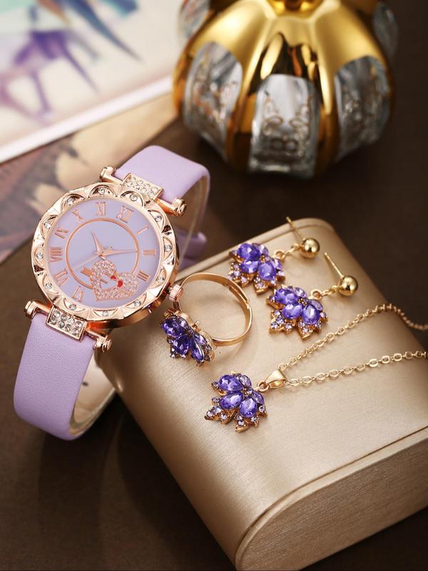 Women's Elegant Rhinestone Decor Quartz Watch & Jewelry Set, Including Round Dial Wristwatch & Maple Leaf Design Necklace & Ring & Earrings, Fashion Watch Set for Women As Gift, without Box