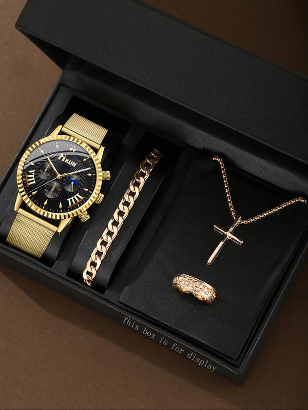 Men's Business Fashion Watch Set, Including Round Dial Watch & Chain Bracelet & Cross Pendant Necklace & Ring, Trendy Watch Set for Men, without Box