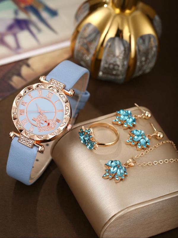 Women's Elegant Rhinestone Decor Quartz Watch & Jewelry Set, Including Round Dial Wristwatch & Maple Leaf Design Necklace & Ring & Earrings, Fashion Watch Set for Women As Gift, without Box