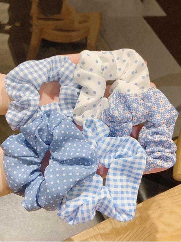 Bohemian Style Cute Colorblock Polka Dot & Plaid Pattern Hair Scrunchies, Fashion Hair Accessories for Women & Girls