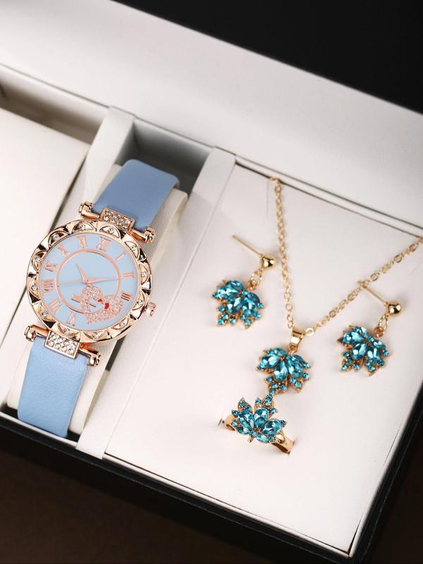 Women's Elegant Rhinestone Decor Quartz Watch & Jewelry Set, Including Round Dial Wristwatch & Maple Leaf Design Necklace & Ring & Earrings, Fashion Watch Set for Women As Gift, without Box