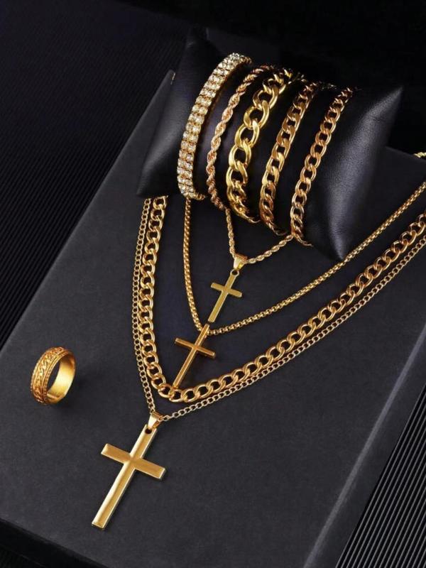 Men's Cross Pendant Necklace & Chain Bracelet & Ring Set, Fashion Jewelry for Party, Daily Clothing Decor, Trendy All-match & Exquisite Jewelry for Gift