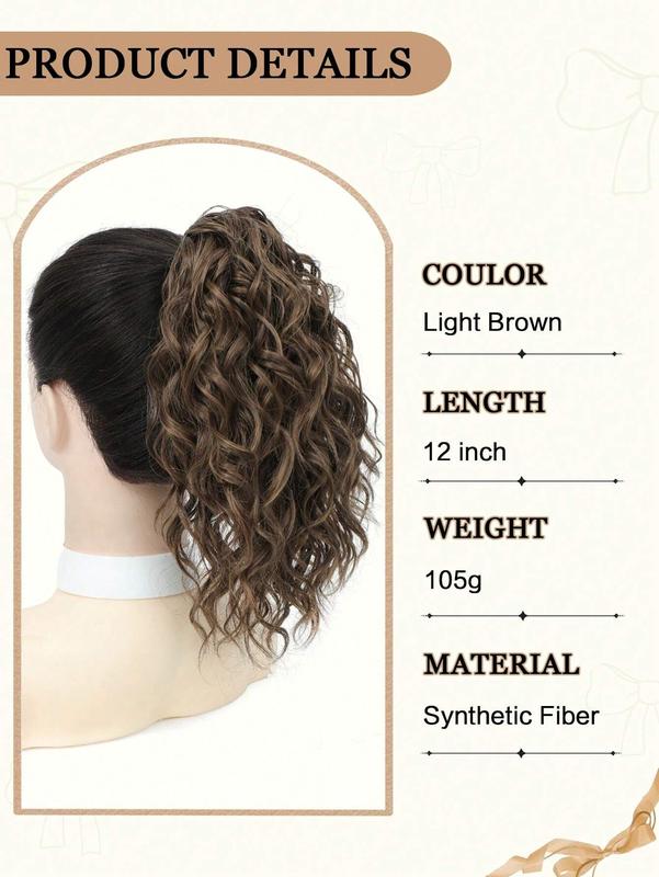 12-Inch Light Brown Curly Hair Ponytail Extension - Claw & Drawstring Synthetic High Ponytail for Women, Soft & Natural Look