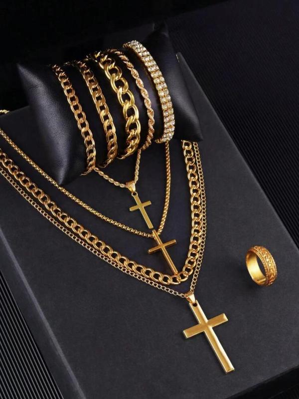 Men's Cross Pendant Necklace & Chain Bracelet & Ring Set, Fashion Jewelry for Party, Daily Clothing Decor, Trendy All-match & Exquisite Jewelry for Gift