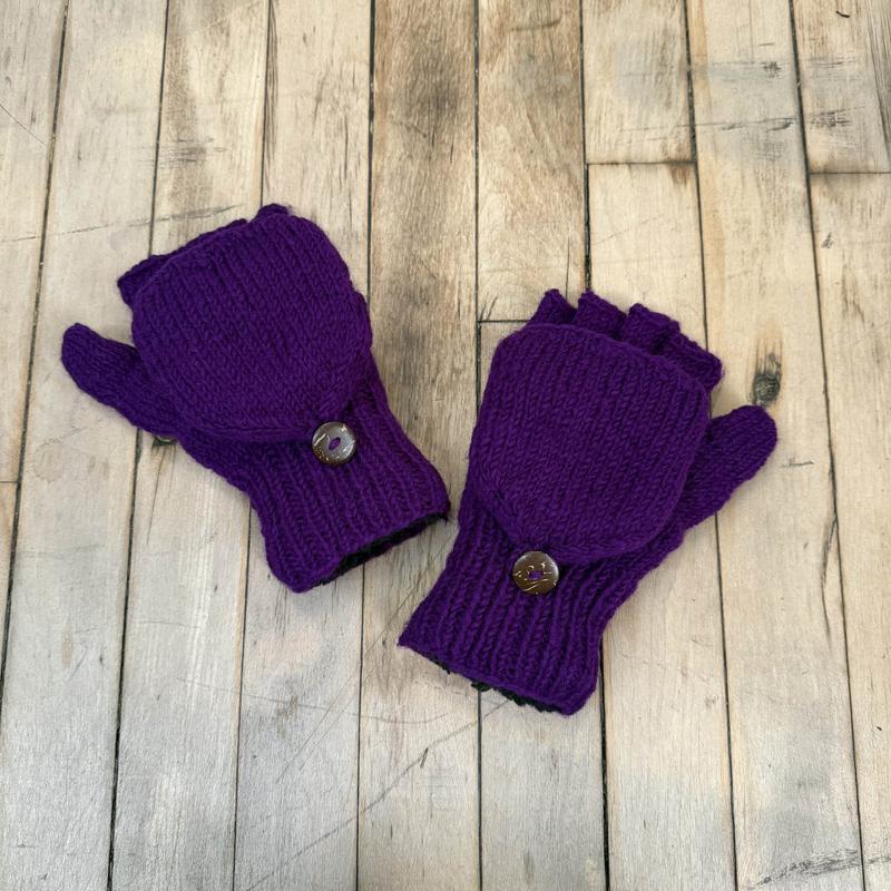 Hand Knit Convertible Mitten, Winter Unisex Gloves with Fleece Lining, Comfy and Warm Ski Gloves, Merino Wool, Texting Fingerless Gloves