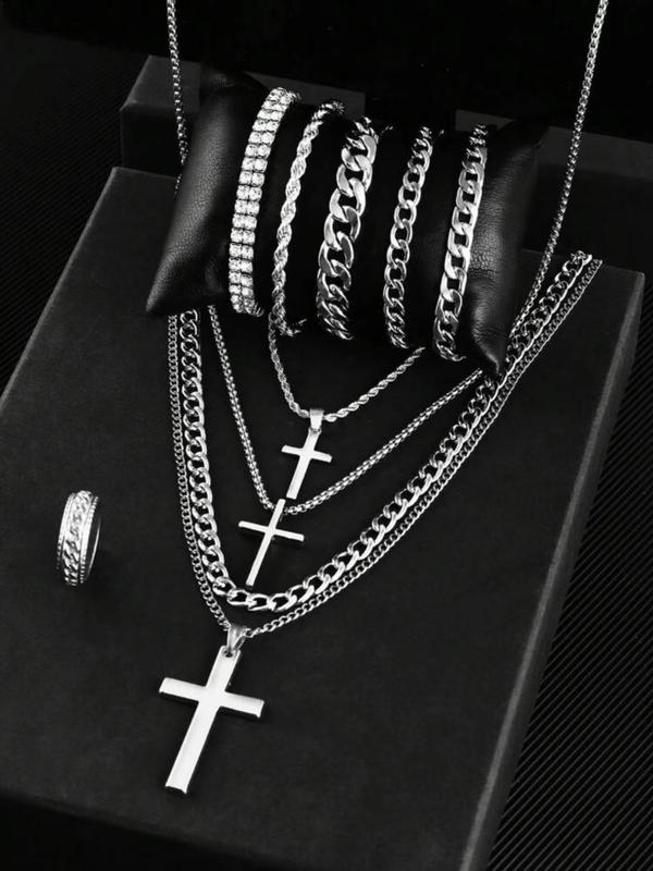 Men's Cross Pendant Necklace & Chain Bracelet & Ring Set, Fashion Jewelry for Party, Daily Clothing Decor, Trendy All-match & Exquisite Jewelry for Gift