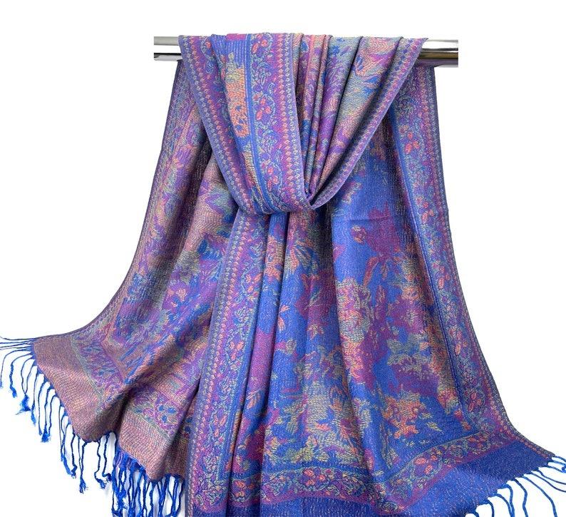 Royal Blue Floral Pashmina Scarf for Women - Multicolor Hair Wraps Light Weight Festival Shawl Mothers Day Gifts Bohemian Style Head Cover