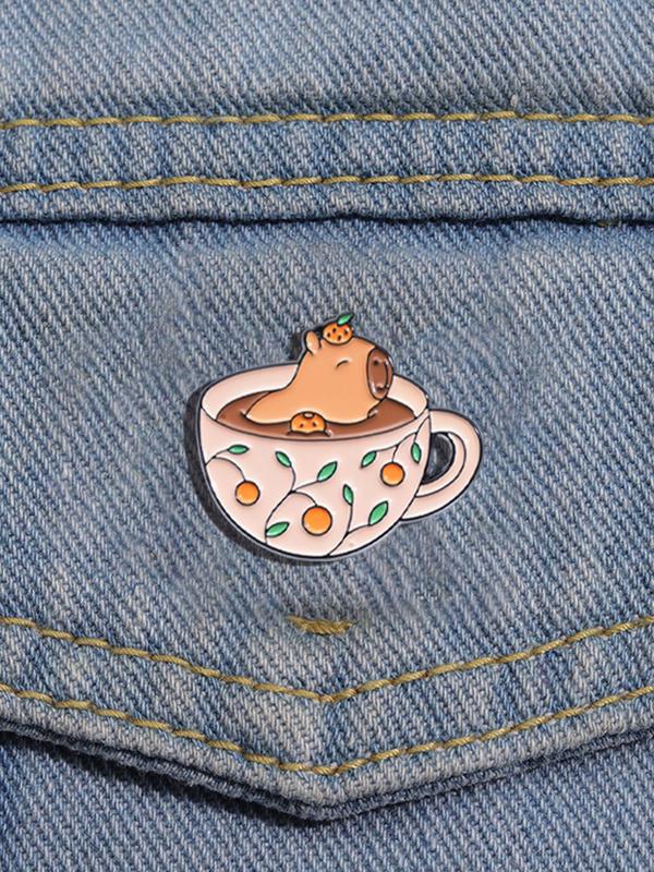 Cute Cartoon Capybara & Tea Cup Design Brooch, Fashion Alloy Badge for Daily Clothing Decor, Trendy All-match & Exquisite Brooch for Gift