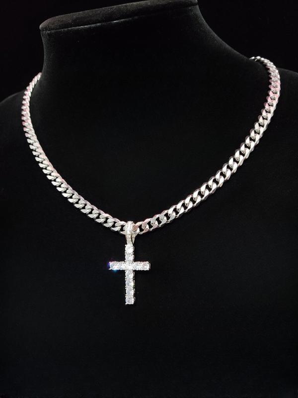 Unisex Easter Street Cross Pendant Necklace for Summer, Y2k Rhinestone Decor Cuban Chain Necklace for Party Back To School Women, Clean Girl Jewelry for Birthday, Back To School Accessory, Fall Outfits, Fall Freshness Fall