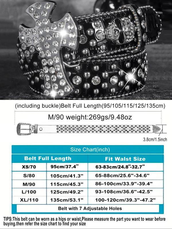 Punk Style Rhinestone Decorated Cross & Skull Design Belt, Fashion Belt for Party, Daily Clothing Decor, Trendy All-match & Exquisite Belt for Birthday Gift