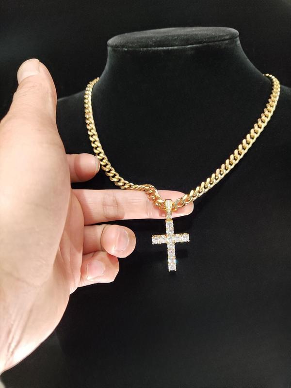 Unisex Easter Street Cross Pendant Necklace for Summer, Y2k Rhinestone Decor Cuban Chain Necklace for Party Back To School Women, Clean Girl Jewelry for Birthday, Back To School Accessory, Fall Outfits, Fall Freshness Fall