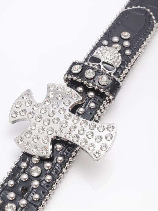 Punk Style Rhinestone Decorated Cross & Skull Design Belt, Fashion Belt for Party, Daily Clothing Decor, Trendy All-match & Exquisite Belt for Birthday Gift