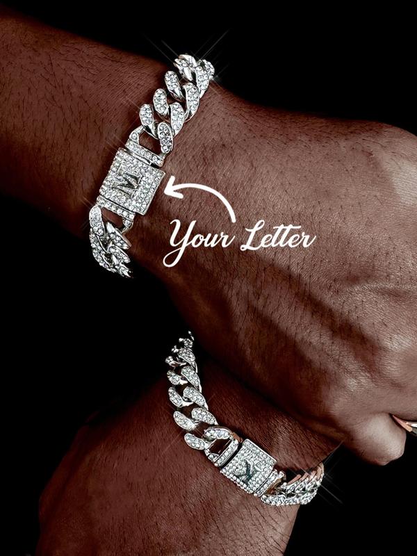 Rhinestone Decor Letter Design Cuban Link Bracelet for Men, Fall Fashion Punk Style Chunky Chain Matching Bracelets for Party, Daily Decor, Trendy Hip Hop Iced Out Jewelry for Birthday Gift, for Fall