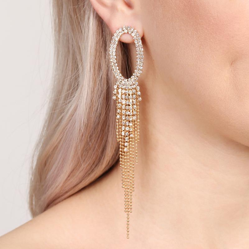 Radiant Oval Rhinestone Fringe Drop Earrings