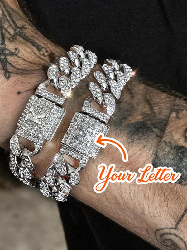 Rhinestone Decor Letter Design Cuban Link Bracelet for Men, Fall Fashion Punk Style Chunky Chain Matching Bracelets for Party, Daily Decor, Trendy Hip Hop Iced Out Jewelry for Birthday Gift, for Fall