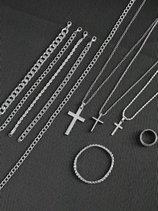 Men's Cross Pendant Necklace & Chain Bracelet & Ring Set, Fashion Jewelry for Party, Daily Clothing Decor, Trendy All-match & Exquisite Jewelry for Gift