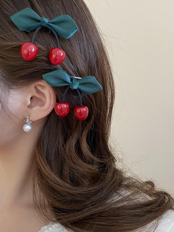 Cherry & Leaf Design Hair Clips, Cute Bowknot Decor Hair Accessories for Women & Girls, Minimalist Headwear Suitable for Thick Hair