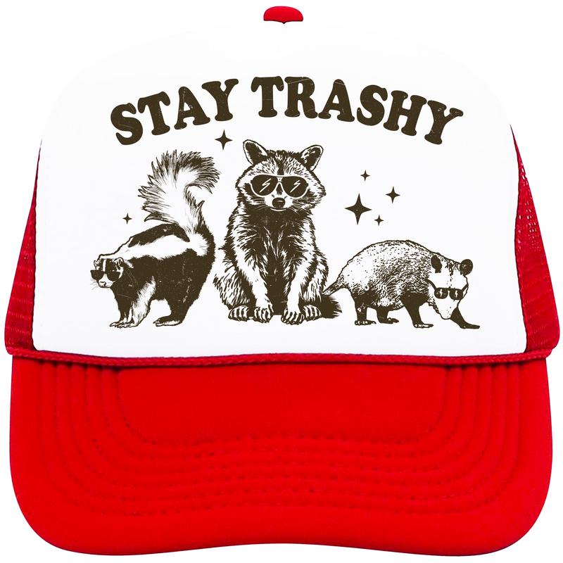 Stay Trashy Trucker Hat for Women and Men -Funny Raccoon Graphic Adjustable Hat - Summer Snapback