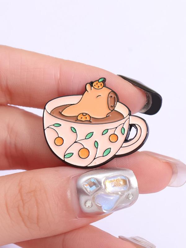 Cute Cartoon Capybara & Tea Cup Design Brooch, Fashion Alloy Badge for Daily Clothing Decor, Trendy All-match & Exquisite Brooch for Gift