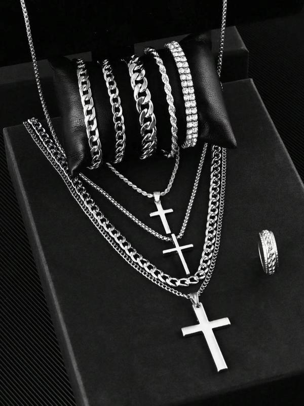 Men's Cross Pendant Necklace & Chain Bracelet & Ring Set, Fashion Jewelry for Party, Daily Clothing Decor, Trendy All-match & Exquisite Jewelry for Gift