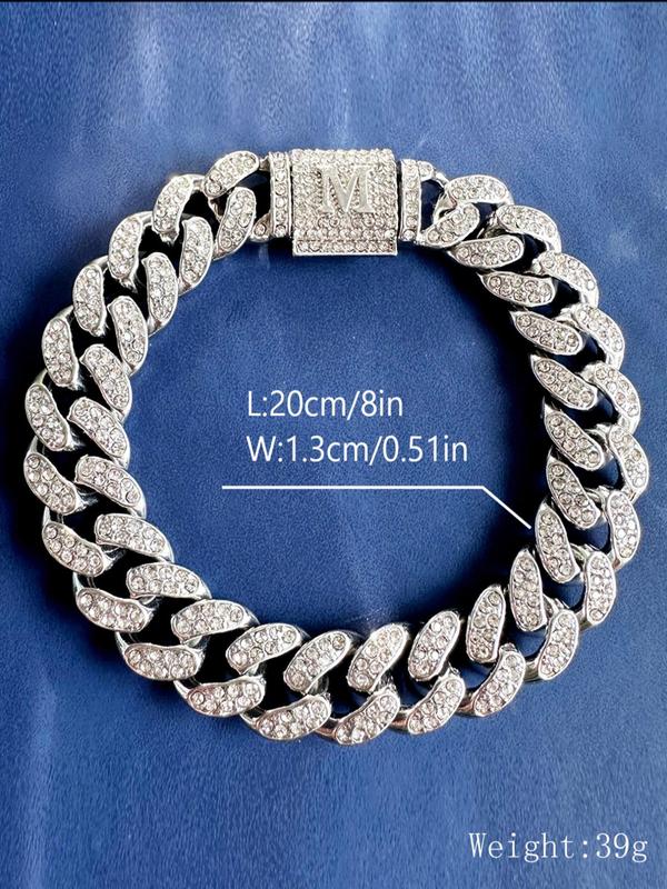 Rhinestone Decor Letter Design Cuban Link Bracelet for Men, Fall Fashion Punk Style Chunky Chain Matching Bracelets for Party, Daily Decor, Trendy Hip Hop Iced Out Jewelry for Birthday Gift, for Fall