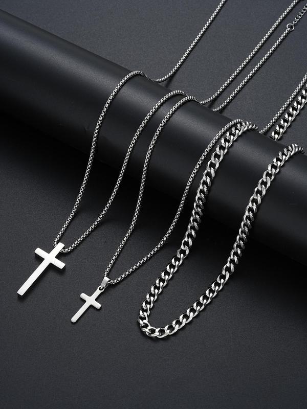 Men's Cross Pendant Necklace & Chain Bracelet, Stainless Steel Jewelry Set, Fashion Jewelry for Party, Daily Decor, Trendy All-match & Exquisite Jewelry for Birthday Gift