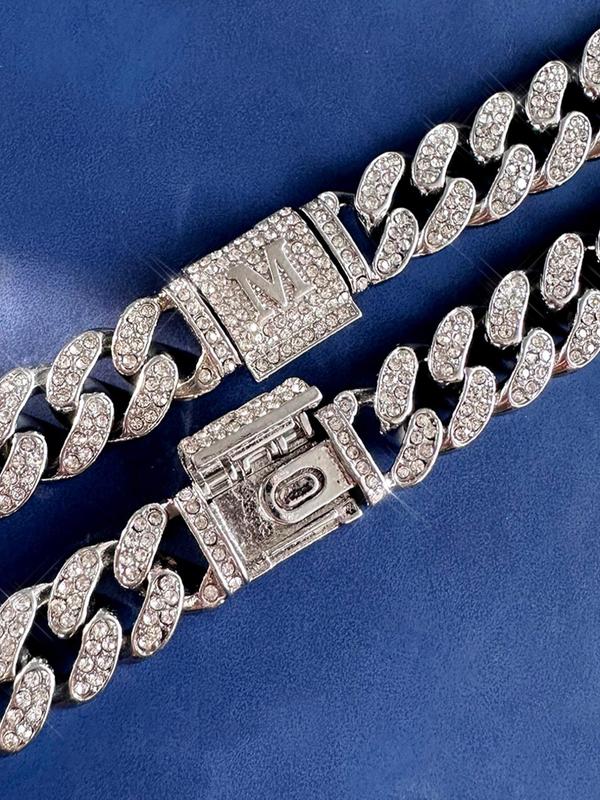 Rhinestone Decor Letter Design Cuban Link Bracelet for Men, Fall Fashion Punk Style Chunky Chain Matching Bracelets for Party, Daily Decor, Trendy Hip Hop Iced Out Jewelry for Birthday Gift, for Fall