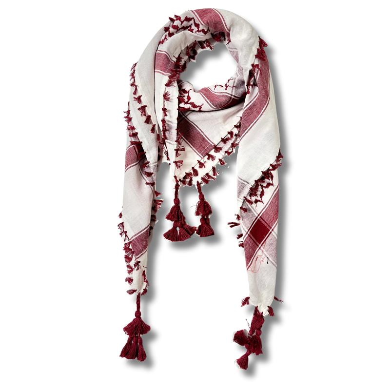 Maroon and White Kuffiyeh – Handcrafted Palestinian Scarf with Traditional Elegance